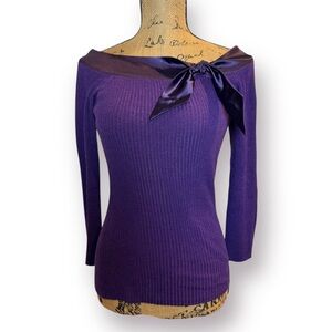 Vintage Y2K Star City Junior M Purple Off Shoulder Satin Trim Bow Fitted Sweater